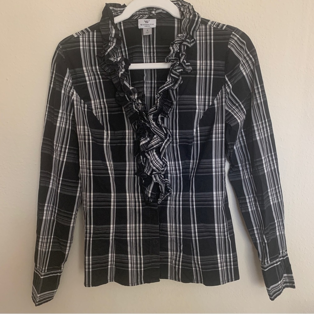 Worthington shirt/blouse black and white plaid - Picture 6 of 6